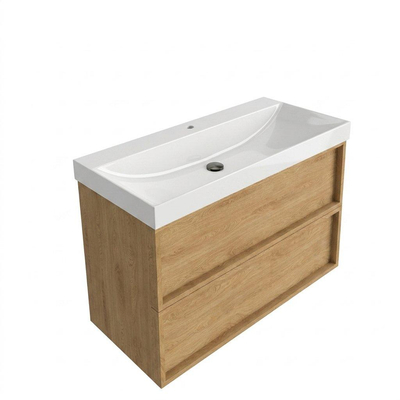 Saniclass Holz Frame Ensemble meuble de salle de bains - 100x45x67.5cm - Wave lavabo en céramique - 1 vasque - 1 trou de robinetterie - 2 tiroirs - chêne natural mat (bois)