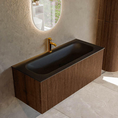 MONDIAZ KURVE 110cm badmeubel kleur Walnut met 1 lade. Wastafel BIG MEDIUM midden 1 kraangat Urban.
