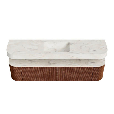 MONDIAZ THOR-DLUX Meuble de salle de bains - 190cm - arrondi gauche + droite - couleur Ruby - 2 tiroirs - 2 portes - Vasque suspendue CLOUD Centre 1 trou de robinet couleur Ostra