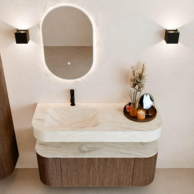 MONDIAZ THOR-DLUX 120cm meuble de salle de bains arrondi gauche + droite couleur Walnut avec 1 tiroir et 2 portes. Vasque suspendue CLOUD Gauche 1 trou de robinet couleur Ostra.