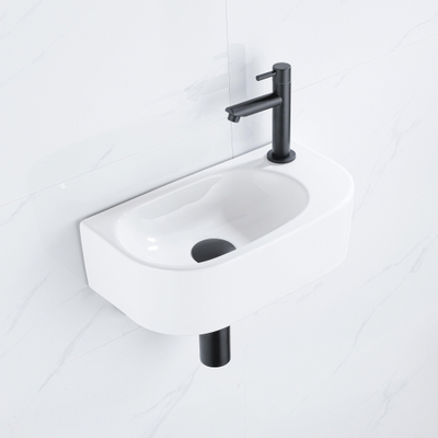 QeramiQ Fuente Ensemble lave-mains - 40x21.5x12cm - droite - lisse - semi-circulaire - 1 trou de robinet - céramique - robinet lave-mains blanc mat - bonde - siphon abaissé - blanc brillant