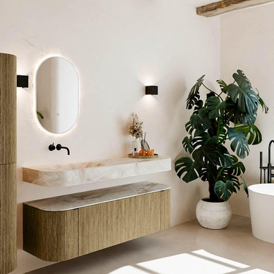 MONDIAZ THOR-DLUX 150cm meuble de salle de bains arrondi gauche + droite couleur Dusk avec 1 tiroir et 2 portes. Vasque suspendue CLOUD gauche sans trou de robinet couleur Frappe.