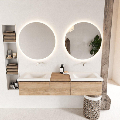 MONDIAZ BUKLA meuble de salle de bain 160cm avec module 40 couleur Chêne blanchi avec 3 tiroirs. Lavabo CLOUD double 0 trou de robinet couleur Talc.