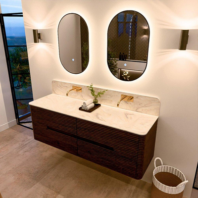 Mondiaz CIRO-DLUX Meuble de salle de bains - 150x45x50cm - Plan vasque solid surface Ostra - 2 vasques Double - sans trous de robinet - 4 tiroirs - Noyer