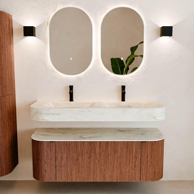 MONDIAZ THOR-DLUX 130cm meuble de salle de bains arrondi gauche + droite couleur Ruby avec 1 tiroir et 2 portes. Vasque suspendue CLOUD Double 2 trous de robinet couleur Ostra.