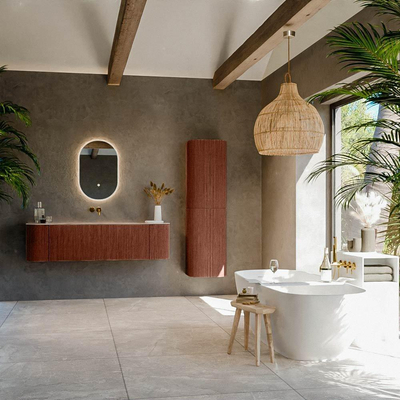 MONDIAZ KURVE-DLUX 160cm badmeubel ronding Links + Rechts kleur Ruby met 1 lade en 2 deuren. Wastafel BIG MEDIUM Midden zonder kraangat Saba.
