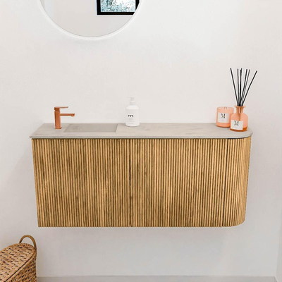 Mondiaz JOYA-DLUX 91.6cm toiletmeubel - ronding rechts kleur Oak - Wastafel FAYE positie Links 1 kraangat kleur Opalo.