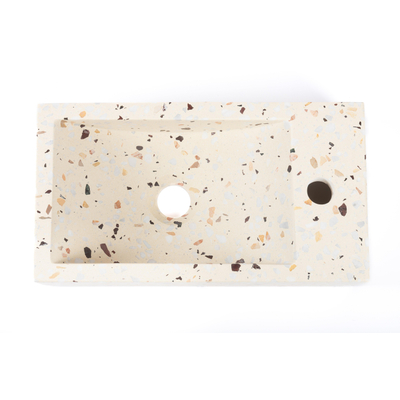 FugaFlow Fontaine en terrazzo efficace – 40x22x10 cm – rectangulaire – trou pour robinet à droite – terrazzo – beige mat
