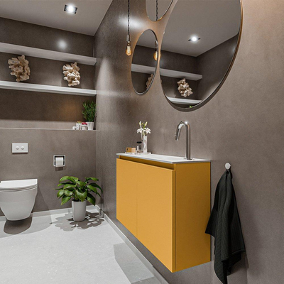 MONDIAZ TURE Toiletmeubel 80x23x50cm met 1 kraangaten 2 deuren ocher mat Wastafel Eden rechts Solid Surface Wit