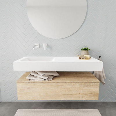 MONDIAZ ALAN 120cm - meuble bas - chêne lavé - 1 tiroir - lavabo suspendu - vasque à gauche - 0 trous de robinet - talc