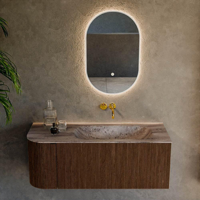 MONDIAZ KURVE-DLUX meuble de salle de bains 115cm arrondi gauche couleur Walnut avec 1 tiroir et 1 porte. Lavabo BIG SMALL droit sans trou de robinet Oza.