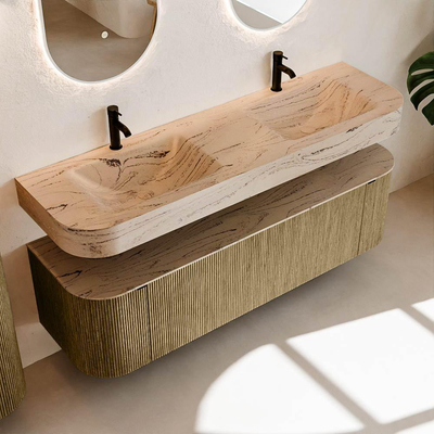 MONDIAZ THOR-DLUX 160cm meuble de salle de bains arrondi gauche + droite couleur Dusk avec 1 tiroir et 2 portes. Vasque suspendue CLOUD Double 2 trous de robinet couleur Arena.