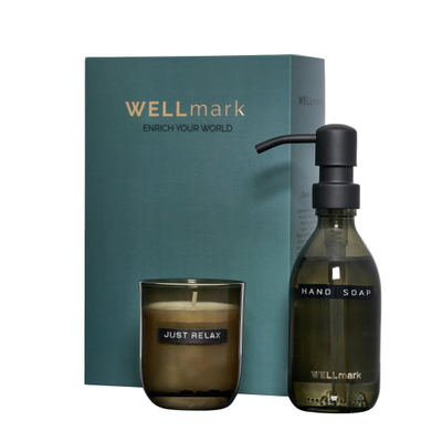 Wellmark Discover coffret cadeau - savon pour les mains et bougie parfumée - dark amber - verre noir fumé