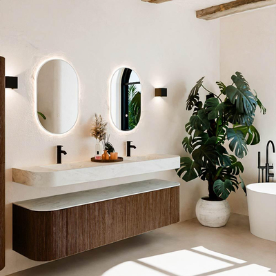 MONDIAZ THOR-DLUX 180cm meuble de salle de bains arrondi gauche + droite couleur Walnut avec 2 tiroirs et 2 portes. Vasque suspendue CLOUD Double 2 trous de robinet couleur Opalo.