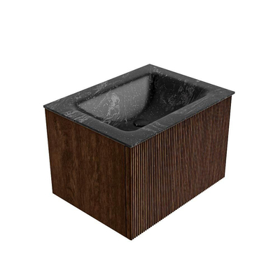 MONDIAZ KURVE-DLUX 60cm badmeubel kleur Walnut met 1 lade. Wastafel CLOUD midden zonder kraangat kleur Lava.