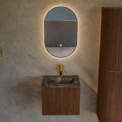 MONDIAZ KURVE-DLUX 50cm badmeubel kleur Walnut met 1 lade. Wastafel GRUNNE midden 1 kraangat kleur Lava.