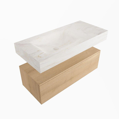Mondiaz ALAN-DLUX Ensemble de meuble - 100cm - meuble Washed Oak mat - 1 tiroir - Lavabo Cloud Ostra suspendu - vasque Gauche - 0 trous de robinet