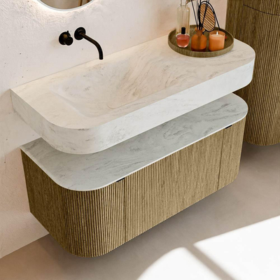 MONDIAZ THOR-DLUX 110cm meuble de salle de bains arrondi gauche + droite couleur Dusk avec 1 tiroir et 2 portes. Vasque suspendue CLOUD Gauche sans trou de robinet couleur Opalo.