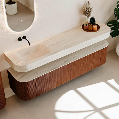 MONDIAZ THOR-DLUX Meuble de salle de bains - 190cm - arrondi gauche + droite - couleur Ruby - 2 tiroirs et 2 portes - Vasque suspendue CLOUD Gauche sans trou de robinet - couleur Meli