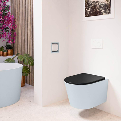 Mondiaz LAVIE WC suspendu – sans bride – 36 x 53 cm – avec abattant softclose – Clay (bleu clair/gris), abattant Urban (noir)