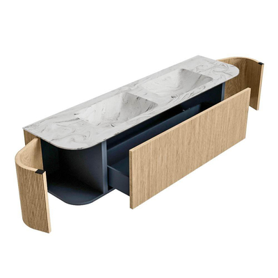 MONDIAZ KURVE-DLUX meuble de salle de bains 170cm avec module 25 Len R couleur Oak avec 1 tiroir et 2 portes. Lavabo LEAF double 2 trous de robinet couleur Glace.