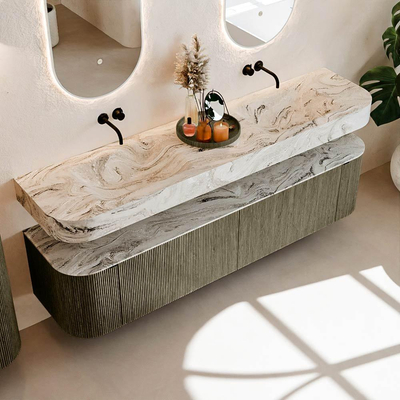 MONDIAZ THOR-DLUX 190cm meuble de salle de bains arrondi gauche + droite couleur Shadow avec 2 tiroirs et 2 portes. Vasque suspendue CLOUD Double sans trou de robinet couleur Glace.