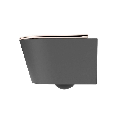 Mondiaz LAVIE hangtoilet – spoelrandloos – 36 x 53 cm – met softclose zitting – Dark grey (grijs), zitting Rosee (roze)