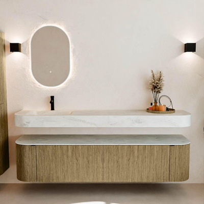 MONDIAZ THOR-DLUX Meuble de salle de bains 190cm arrondi gauche + droite couleur Dusk avec 2 tiroirs et 2 portes. Vasque suspendue CLOUD Gauche 1 trou de robinet couleur Opalo.