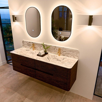 Mondiaz CIRO-DLUX Badkamermeubelset - 160x45x50cm - Solid surface wastafel Glace - 2 wasbak Dubbel - 2 kraangaten - 4 lades - Walnut