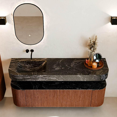 MONDIAZ THOR-DLUX 160cm meuble de salle de bains arrondi gauche + droite couleur Ruby avec 1 tiroir et 2 portes. Vasque suspendue CLOUD Gauche sans trou de robinet couleur Lava.