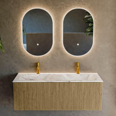 Ensemble de meuble de salle de bain Mondiaz KURVE-DLUX - 120x46x40cm - 1 tiroir - lavabo en solid surface - double - 2 trous de robinet - Dusk