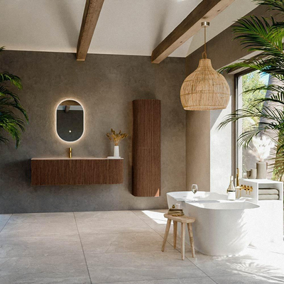 MONDIAZ KURVE-DLUX Meuble de salle de bains 145cm arrondi à droite couleur Walnut avec 1 tiroir et 1 porte. Lavabo BIG LARGE à gauche 1 trou de robinet Saba.