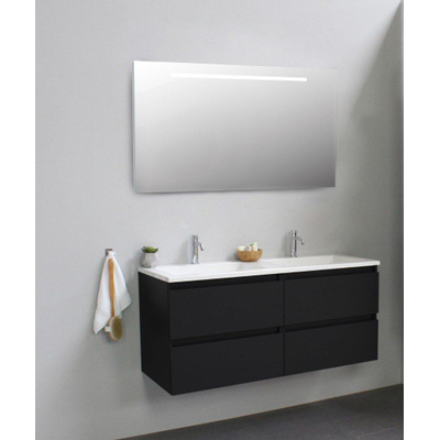 Basic Bella Meuble avec lavabo acrylique avec 2 trous de robinet et miroir avec éclairage 120x55x46cm Flat Pack Noir mat