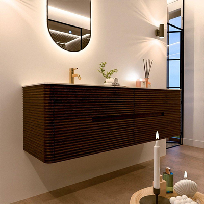 Mondiaz CIRO-DLUX Badkamermeubelset - 160x45x50cm - Solid surface wastafel Ostra - 1 wasbak Links - 1 kraangat - 4 lades - Walnut