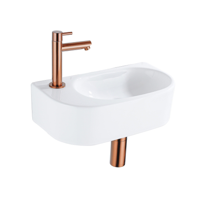 QeramiQ Fuente Fonteinset - 40x21.5x12cm - links - glad - halfrond - 1 kraangat - keramiek - fonteinkraan geborsteld koper - afvoerplug - verlaagd sifon - wit glans