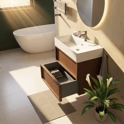Saniclass Holz Frame Ensemble meuble de salle de bains - 80x45x72cm - lavabo Legend en céramique blanc - 1 vasque - 1 trou de robinetterie - 2 tiroirs - mat walnut pure (bois)