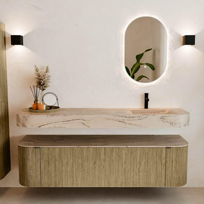 MONDIAZ THOR-DLUX Meuble de salle de bains 170cm arrondi gauche + droite couleur Dusk avec 1 tiroir et 2 portes. Vasque suspendue CLOUD Droite 1 trou de robinet couleur Arena.