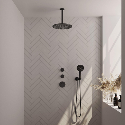 Brauer Black Carving Ensemble de douche de pluie encastré - pomme de douche 30cm - bras de plafond - 3 boutons carving douchette Ronde 1 jet - noir mat