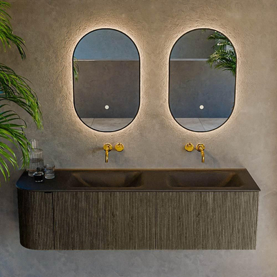 Mondiaz KURVE Ensemble de meuble salle de bain - 155x46x40cm - 2 tiroirs - 1 porte - lavabo en solid surface - double / droite - sans trou de robinet - Shadow