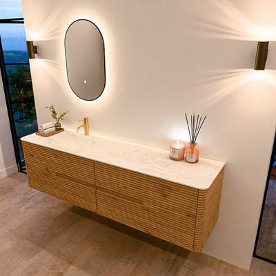 Mondiaz CIRO-DLUX Badkamermeubelset - 180x45x50cm - Solid surface wastafel Opalo - 1 wasbak Links - 1 kraangat - 4 lades - Oak