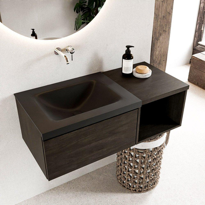 MONDIAZ BUKLA 100cm badmeubel met open module 40 kleur Dark Brown met 1 lade. Wastafel CLOUD links 0 kraangaten kleur Urban.