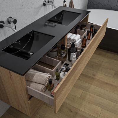 Saniclass Chaci Ensemble meuble de salle de bains - 140x46x55cm - lavabo en céramique noir - 2 vasques - sans trous de robinet - 4 tiroirs - chêne