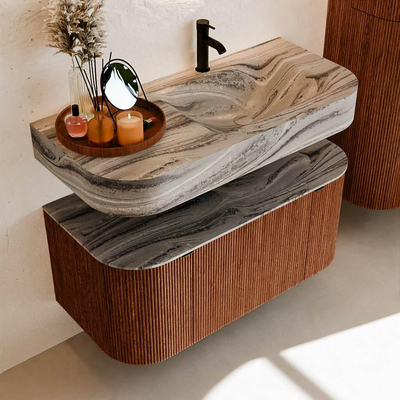 MONDIAZ THOR-DLUX 100cm meuble de salle de bains arrondi gauche + droite couleur Ruby avec 1 tiroir et 2 portes. Vasque suspendue CLOUD Droite 1 trou de robinet couleur Sombra.