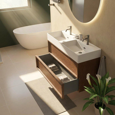 Saniclass Holz Frame Ensemble de meubles de salle de bains - 120x45x72cm - Legend lavabo en céramique blanc mat - 2 vasques - 2 trous de robinet - 2 tiroirs - walnut pure mat (bois)