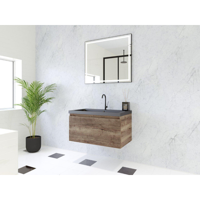 HR Matrix ensemble meuble de salle de bain 3d 80cm 1 tiroir sans poignée avec bandeau couleur charleston avec vasque djazz 1 trou pour robinet noir mat