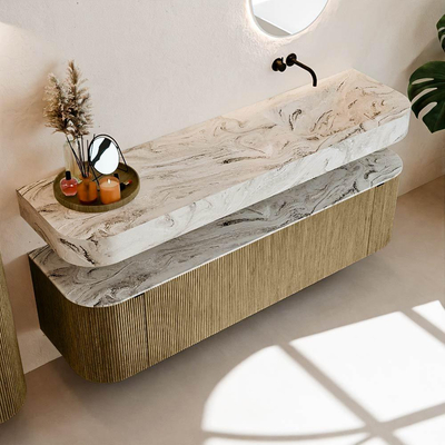 MONDIAZ THOR-DLUX Meuble de salle de bains - 170cm - arrondi gauche + droite - couleur Dusk - 1 tiroir - 2 portes - Vasque suspendue CLOUD droite sans trou de robinet - couleur Glace