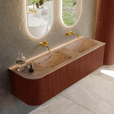 MONDIAZ KURVE-DLUX meuble de salle de bains 155cm arrondi à gauche couleur Ruby avec 2 tiroirs et 1 porte. Lavabo LEAF Double / droit sans trou de robinet Arena.