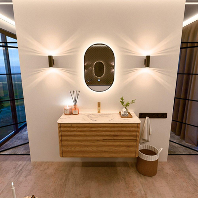 Mondiaz CIRO-DLUX Meuble de salle de bains - 110x45x50cm - Plan vasque solid surface Nata - 1 lavabo Central - 1 trou de robinet - 2 tiroirs - Chêne