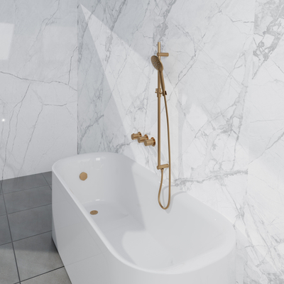 Fortifura Nebbio Badcombinatie-set - thermostaatkraan - glijstang met geïntegreerde wandaansluitbocht - gladde doucheslang - ronde handdouche - badvulcombinatie - geborsteld messing PVD (goud)