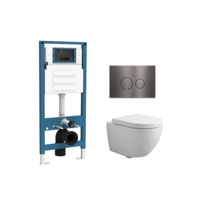 QeramiQ Dely Swirl Ensemble WC Compact - réservoir encastré QeramiQ flush - abattant 25mm - plaque de commande métallique gunmetal - boutons ronds - blanc mat